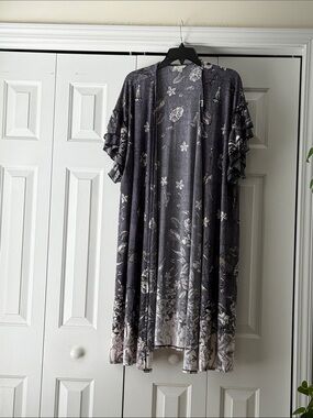 Cato Floral Open Front Duster Cardigan in Charcoal